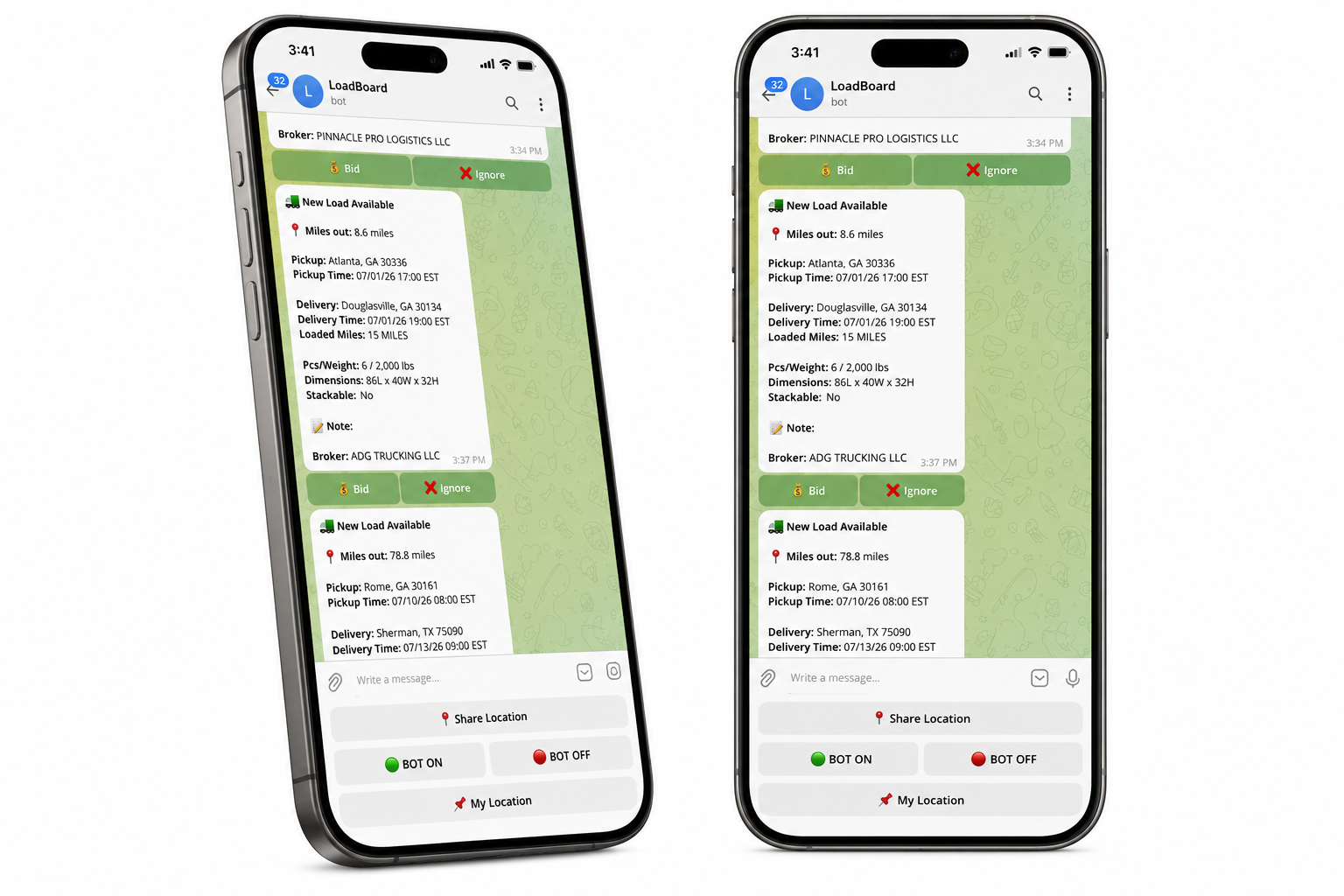 LoadBoard Telegram Bot Mobile Preview